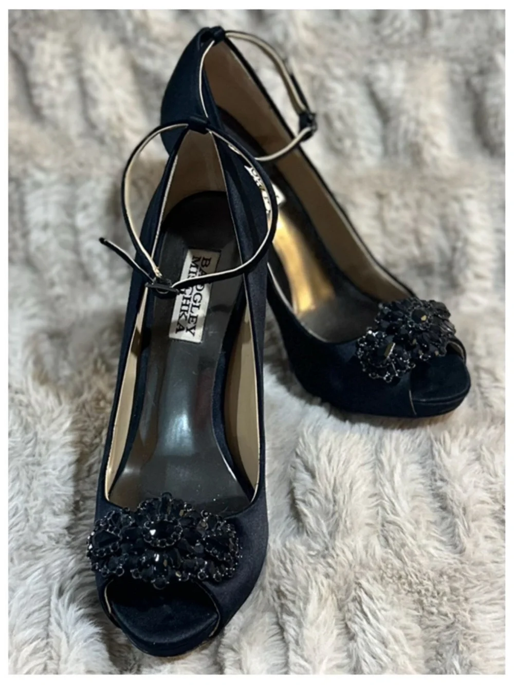 Badgley Mischka Black Satin Crystal Peep Toe Heels ~ Size 6.5 ~ Item #SH334